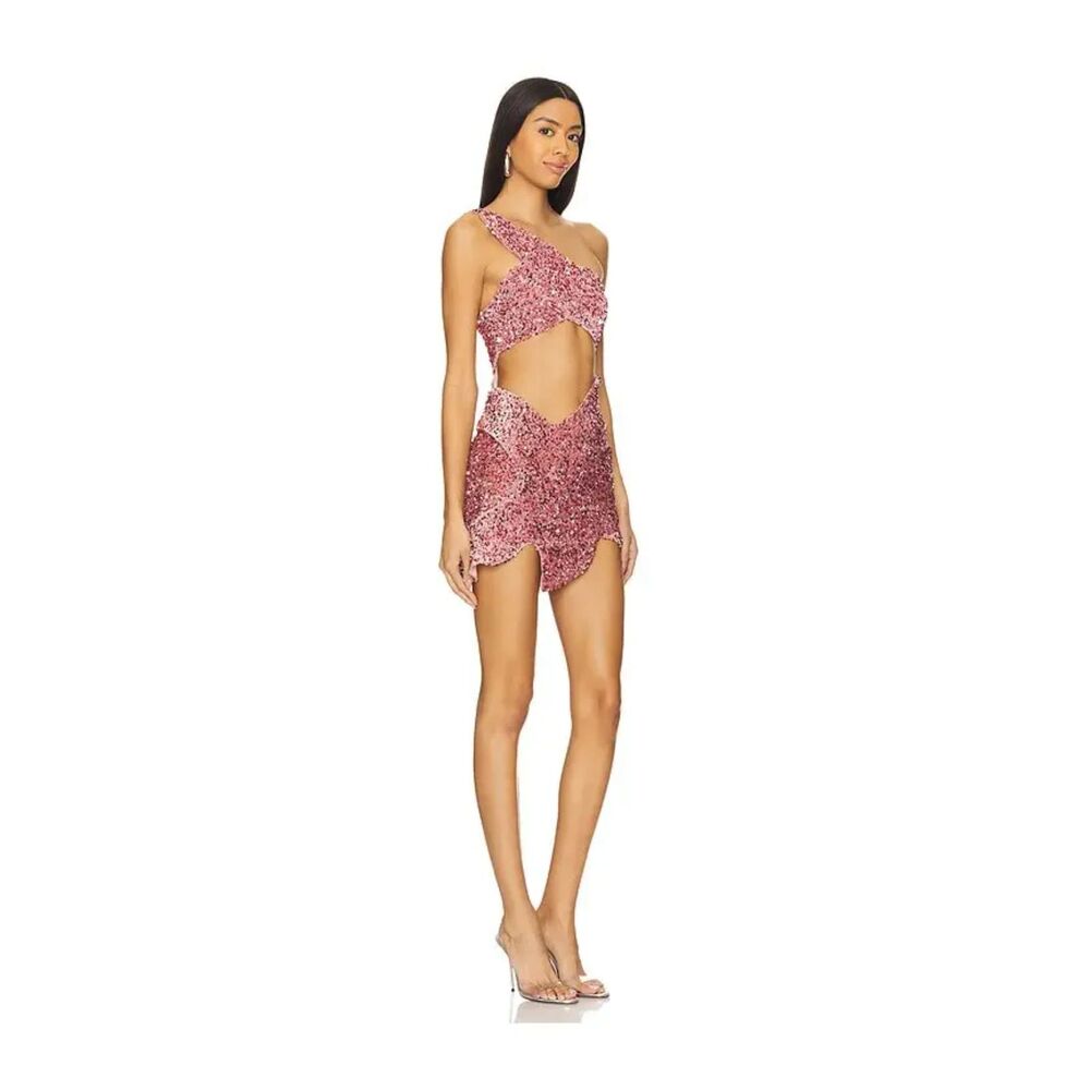 Mother of All Chiara Sequin Mini Dress Pink Size S NWT One Shoulder Cut Out